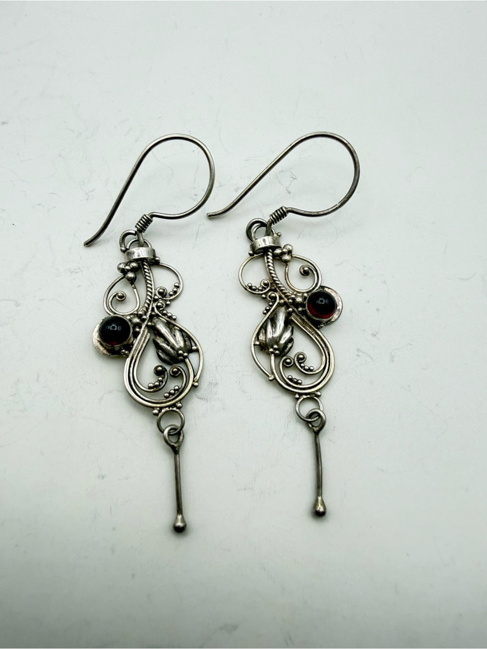 Garnet Leaf Swirl Hook Earrings