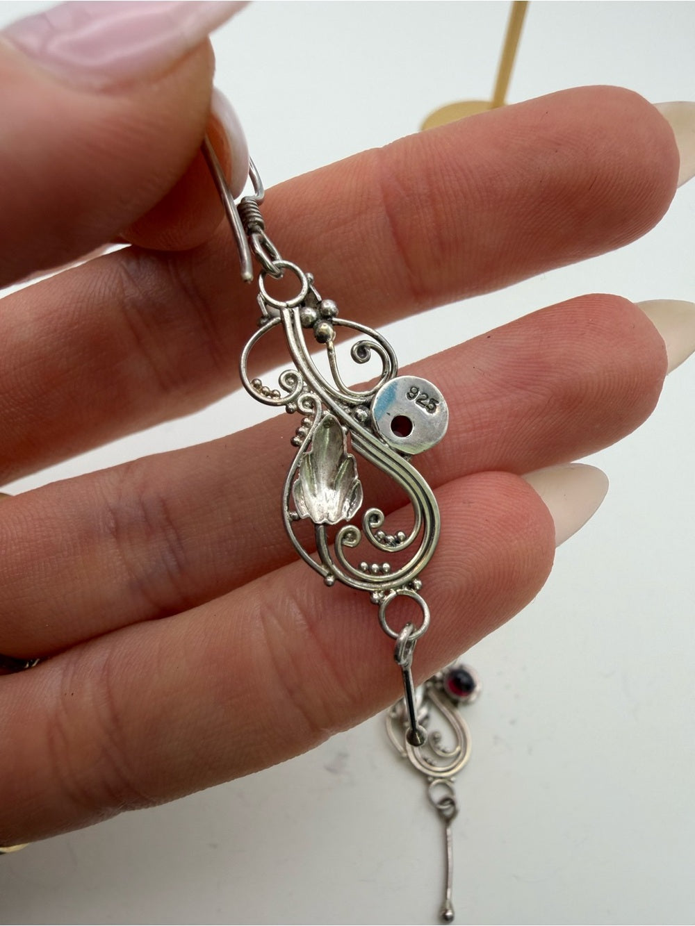 Garnet Leaf Swirl Hook Earrings