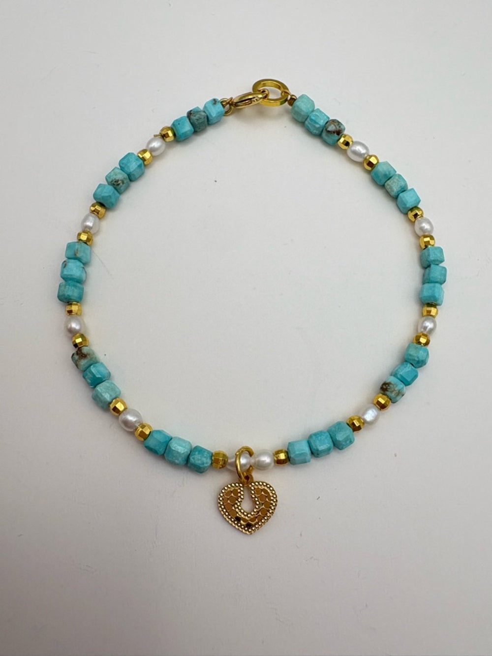 Turquoise and Freshwater Pearl Heart Bracelet