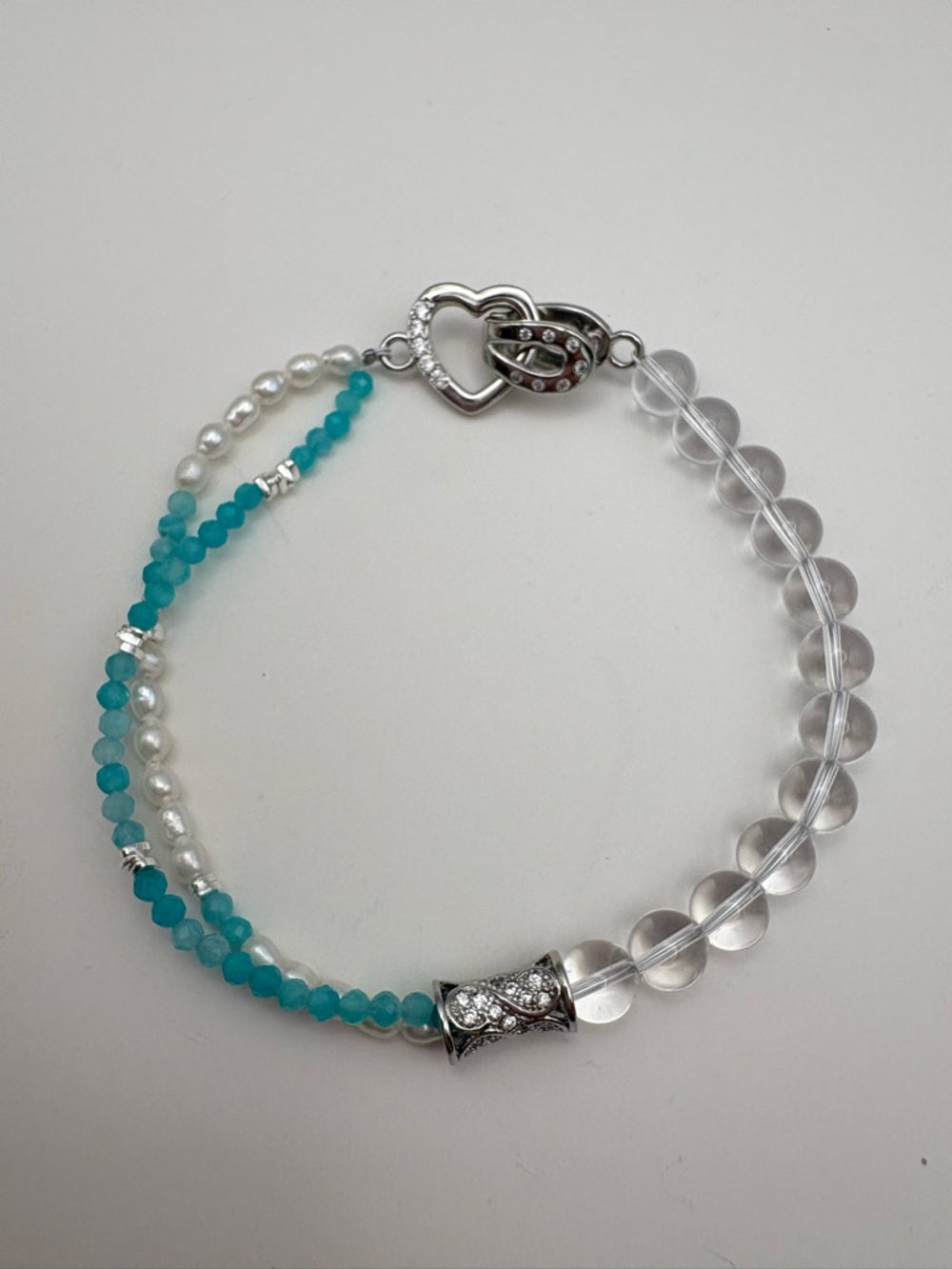 Clear Quartz, Freshwater Pearl, and Amazonite Heart Bracelet