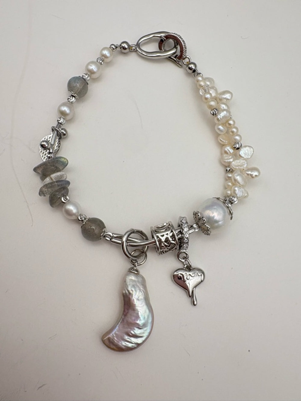 Freshwater Pearl and Labradorite Charm Bracelet