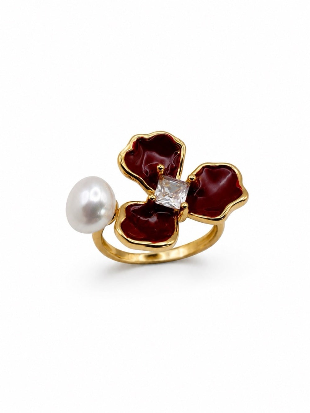 Freshwater Pearl Red Flower Ring