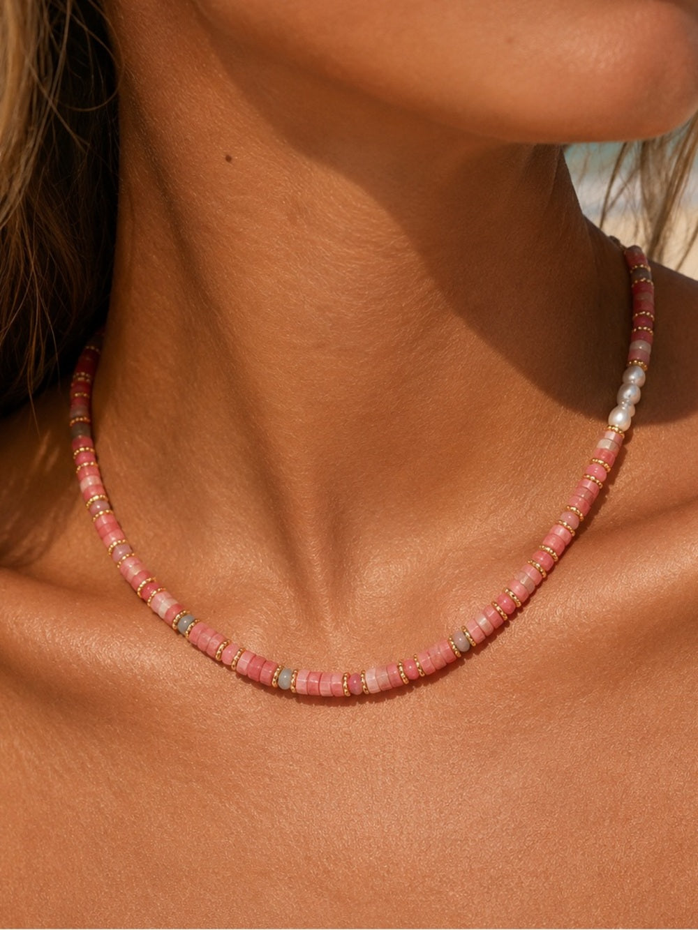 Strawberry Quartz & Aquamarine Gemstone Necklace Style #11A