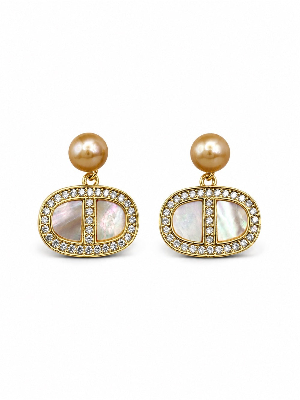 Golden Oval Pearl Drop Earrings