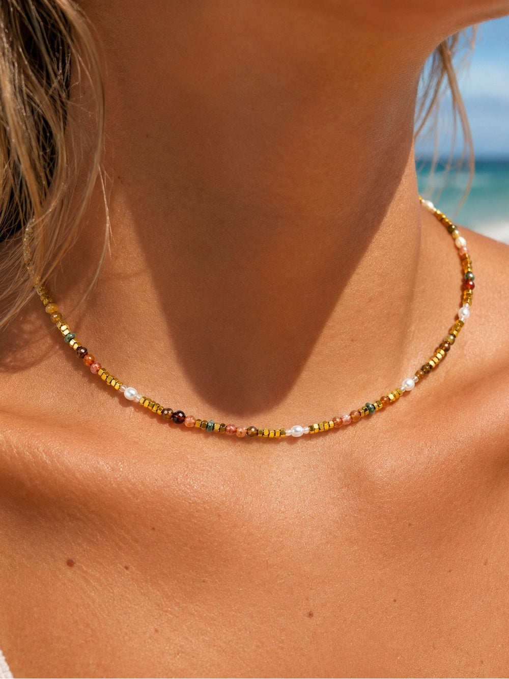 Crackle Quartz Freshwater Pearl Gemstone Necklace Style #9A