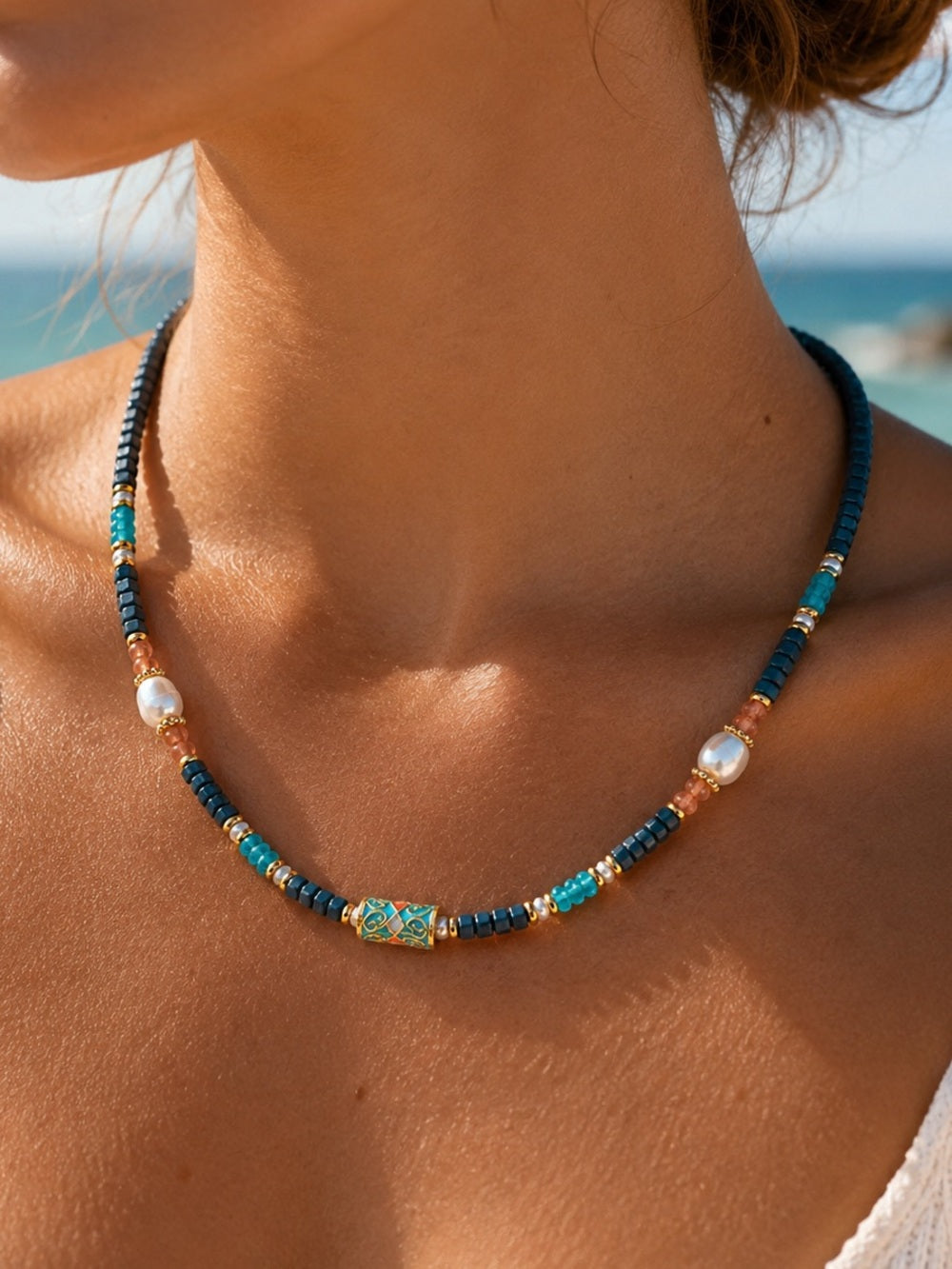 Apatite, Carnelian, & Freshwater Pearl Gemstone Necklace Style #21A