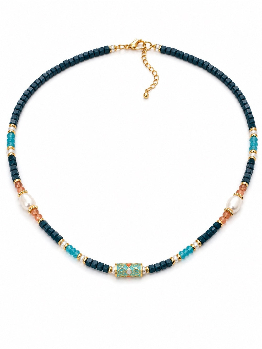 Apatite, Carnelian, & Freshwater Pearl Gemstone Necklace Style #21A