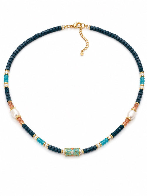 Apatite, Carnelian, & Freshwater Pearl Gemstone Necklace Style #21A