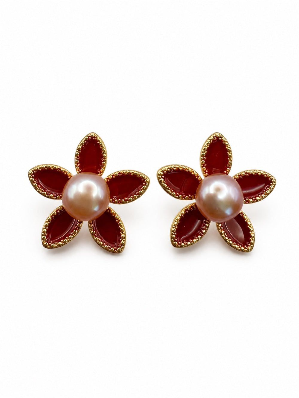 Scarlet Bloom Pearl Studs