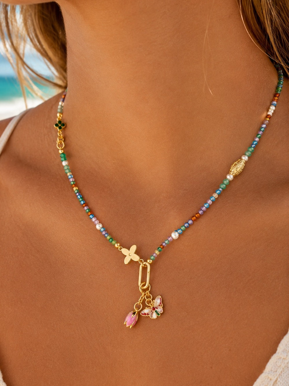 Freshwater Pearl Crystal Necklace with Charms Style #24A