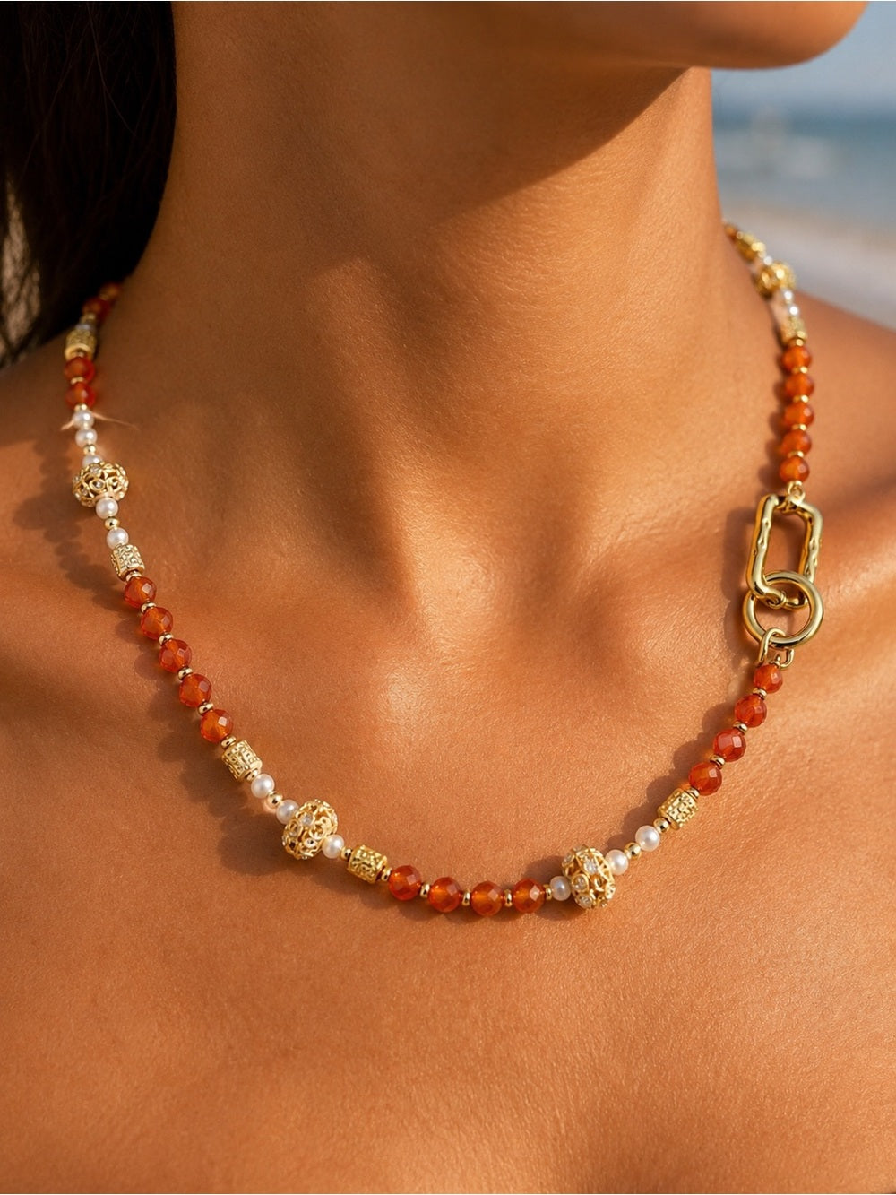 Carnelian Freshwater Pearl Gemstone Necklace Style #25A