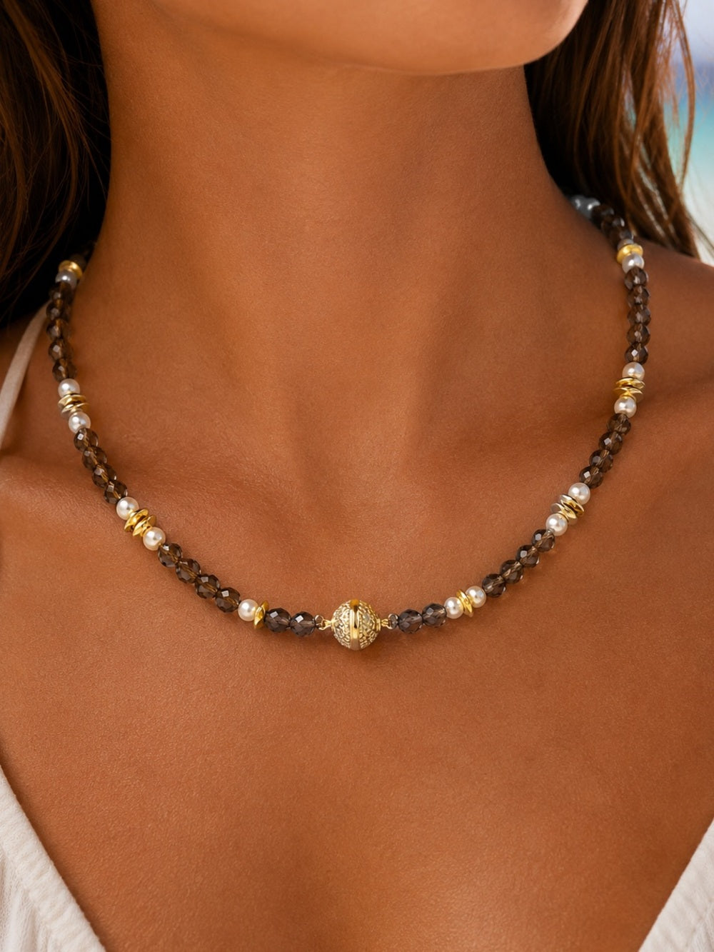 Smokey Quartz Freshwater Pearl Necklace Style #28A