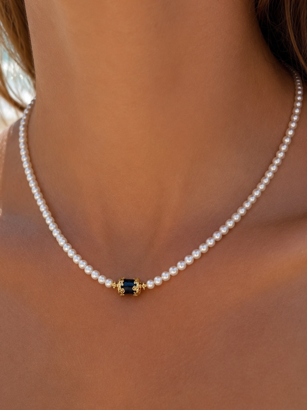 Lapis Gemstone Center Pearl Necklace Style #29A