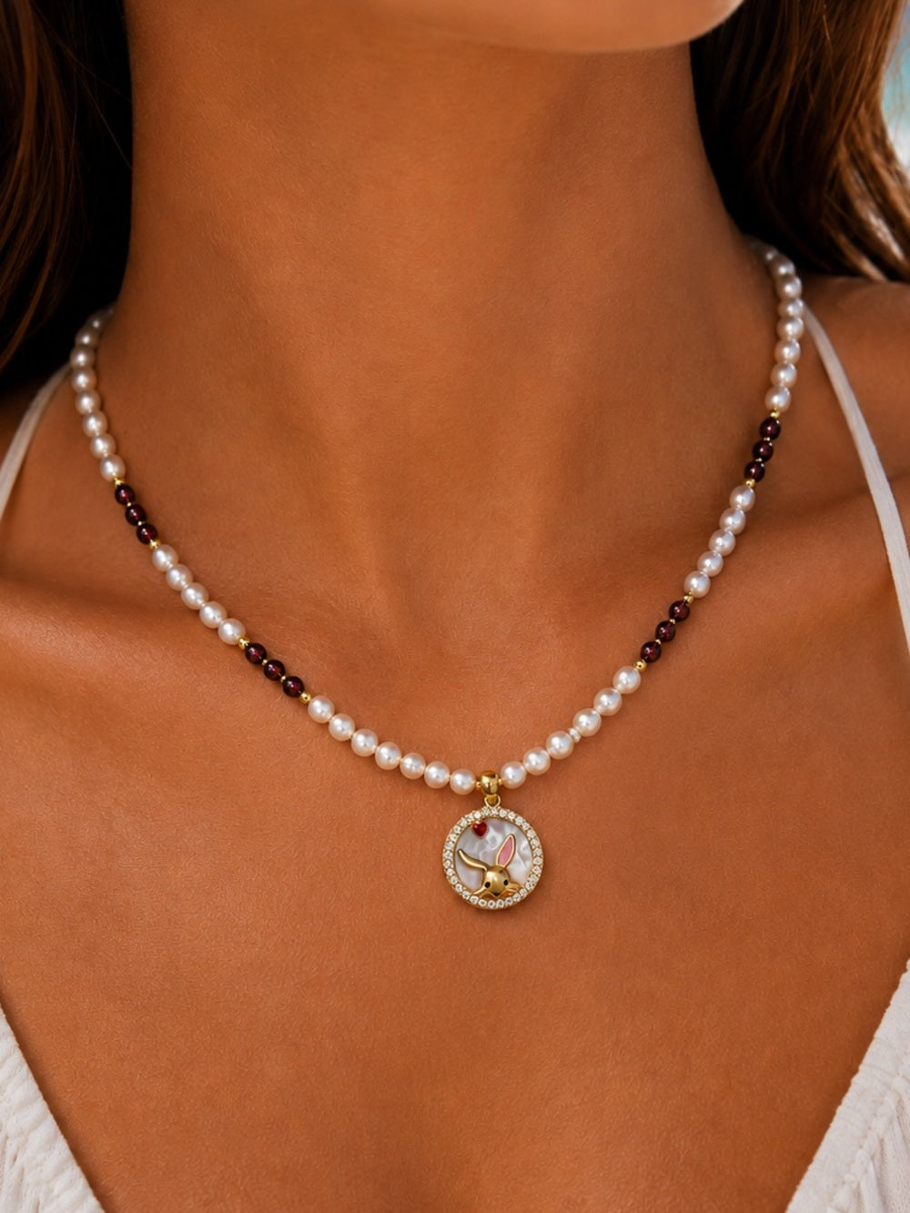 Purple Granet Freshwater Pearl Gemstone Bunny Charm Necklace Style #30A
