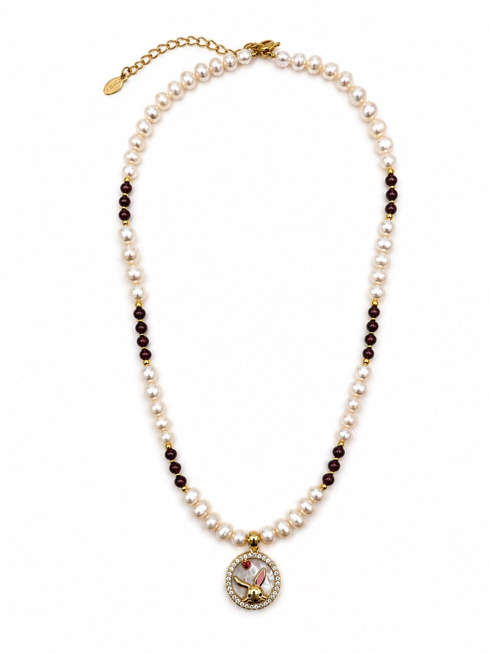 Purple Granet Freshwater Pearl Gemstone Bunny Charm Necklace Style #30A
