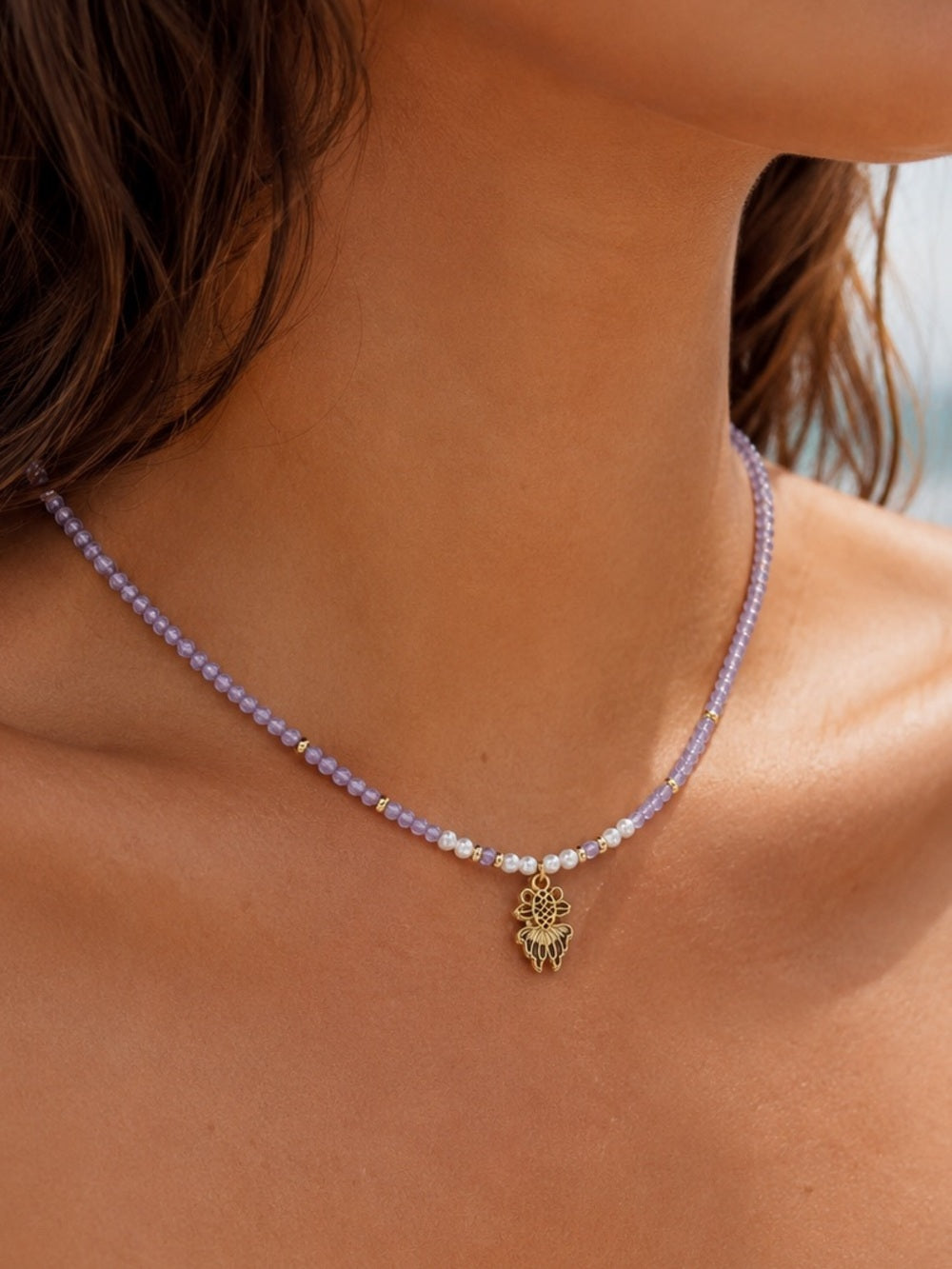 Amethyst Gemstone Fish Charm Necklace Style #33A