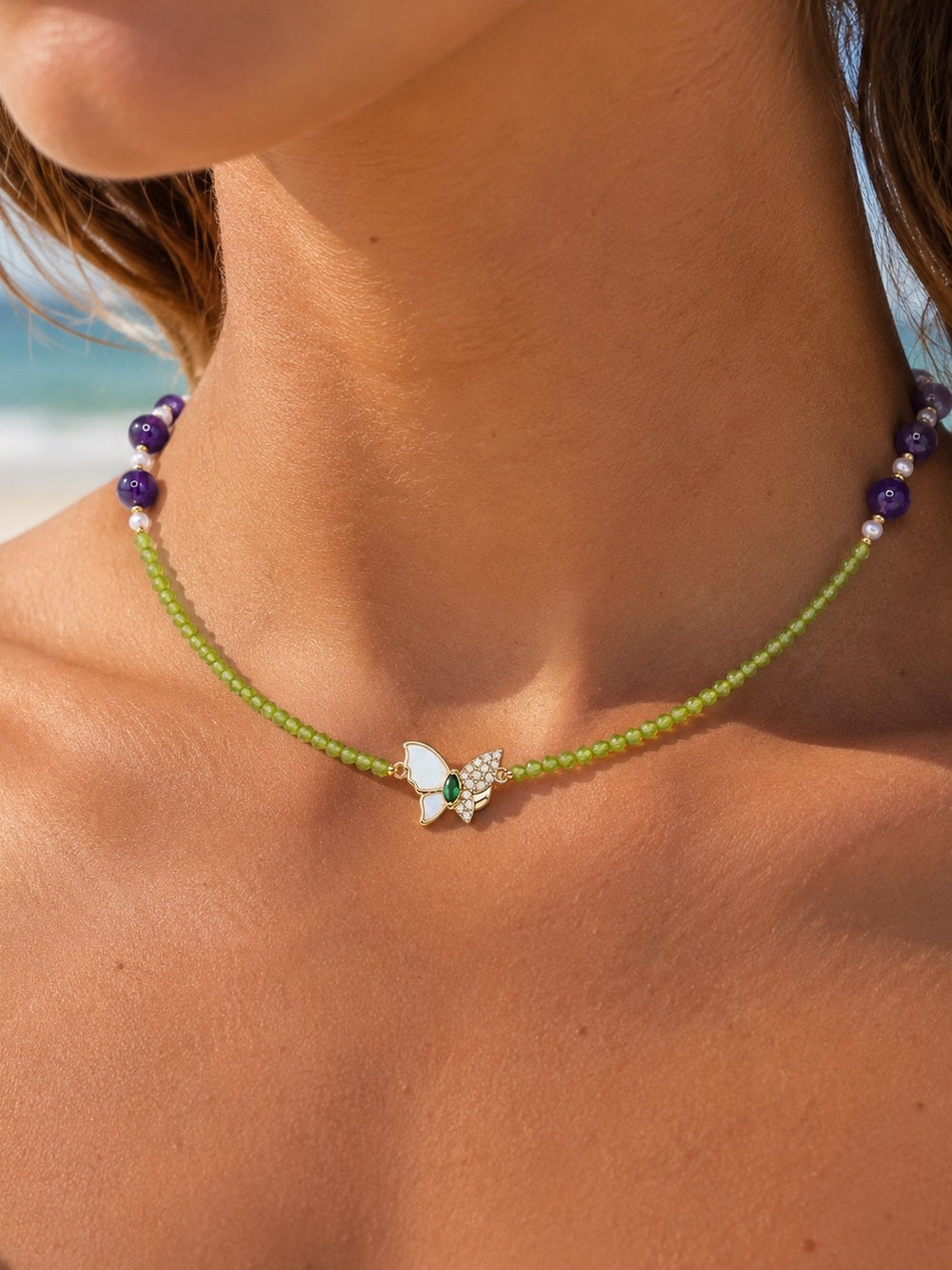Peridot & Amethyst Gemstone Butterfly Necklace Style #34A