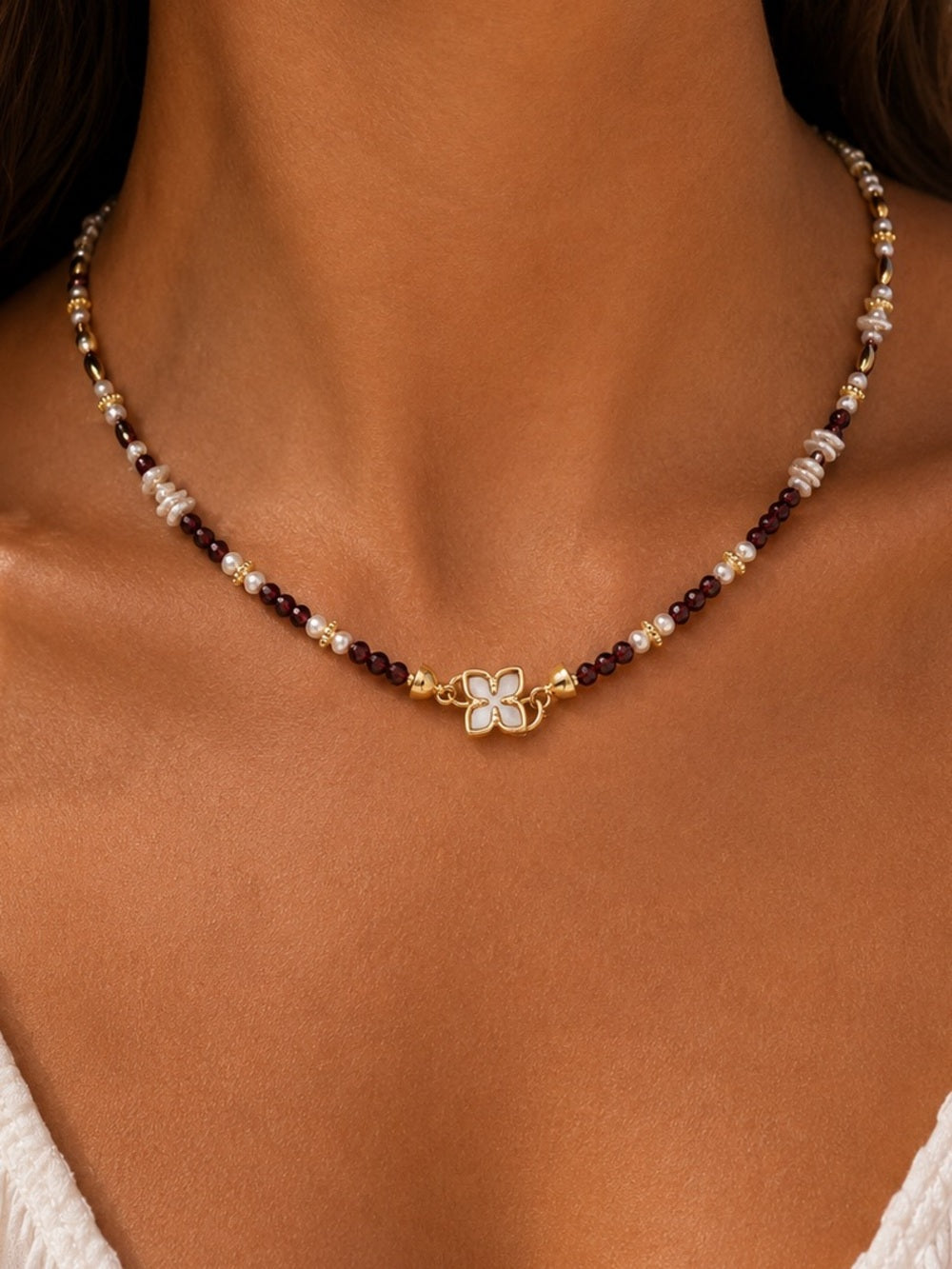 Garnet Gemstone Freshwater Pearl Necklace Style #38A