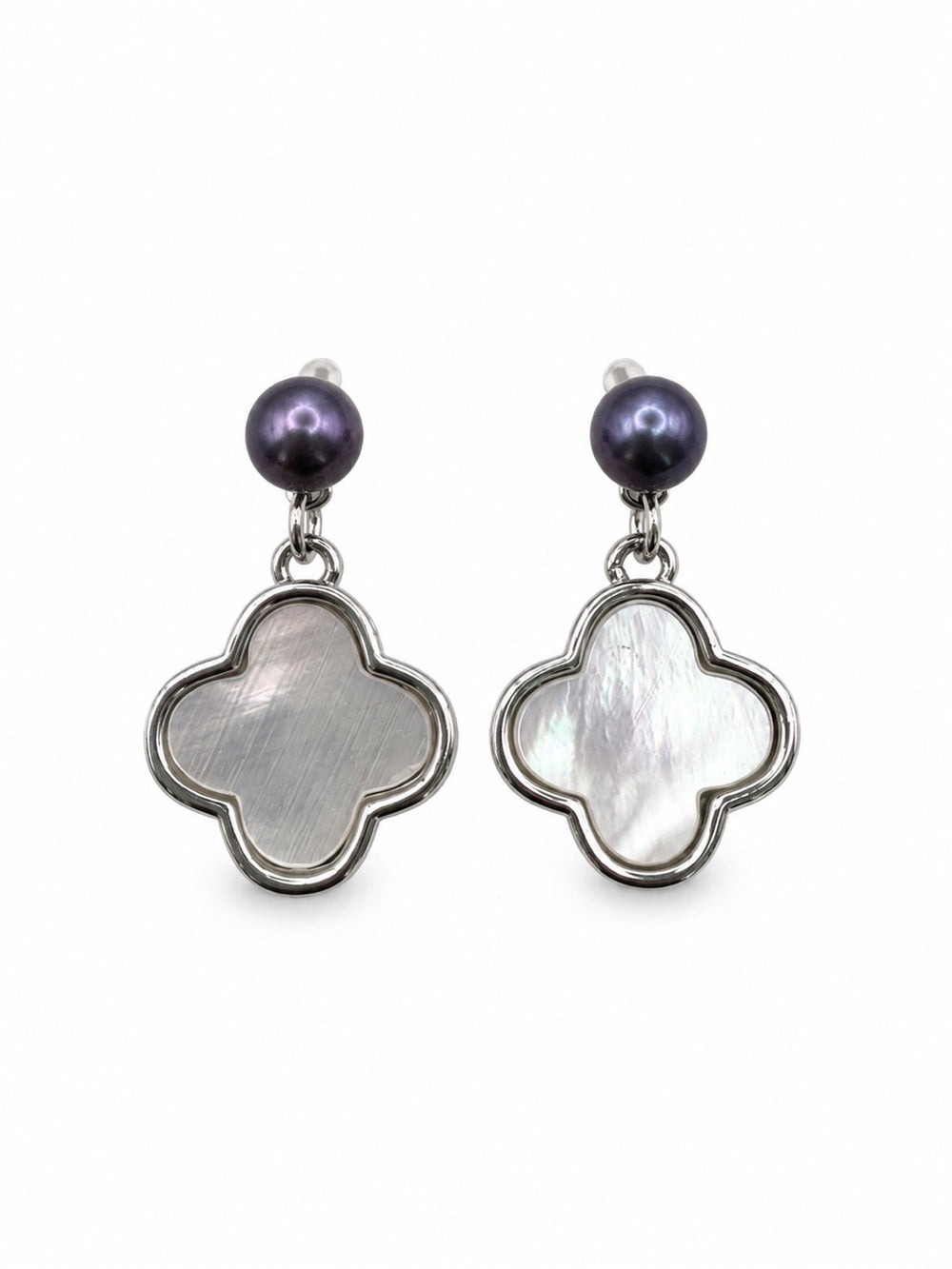Silver Clover Pearl Drop Earrings