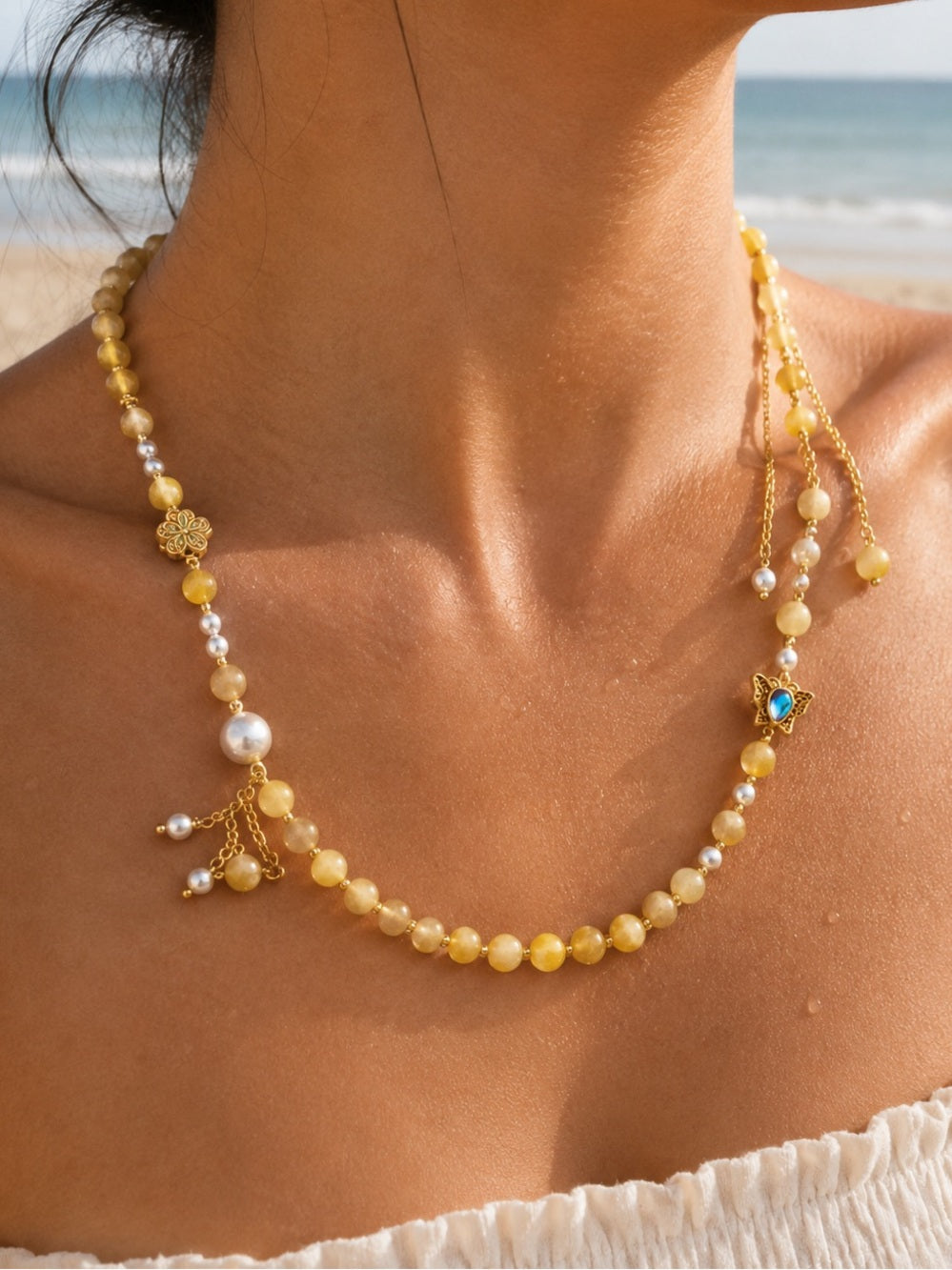 Lemon Quartz and Freshwater Pearl Necklace Style #39A