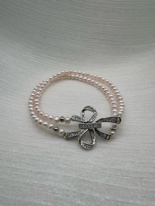 #B53 Double Strand Freshwater Pearl Bow Bracelet