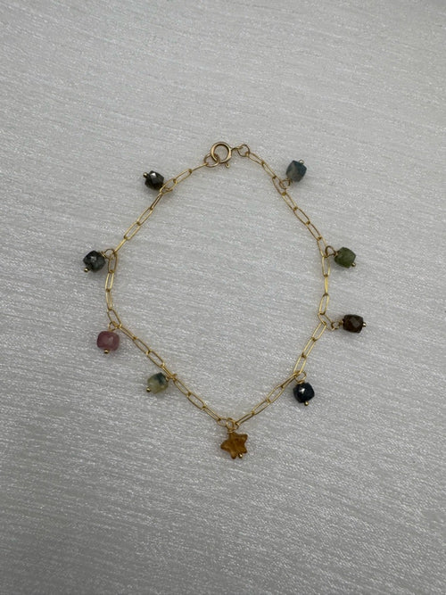 B044 Rainbow Tourmaline Paperclip Star Gold Bracelet