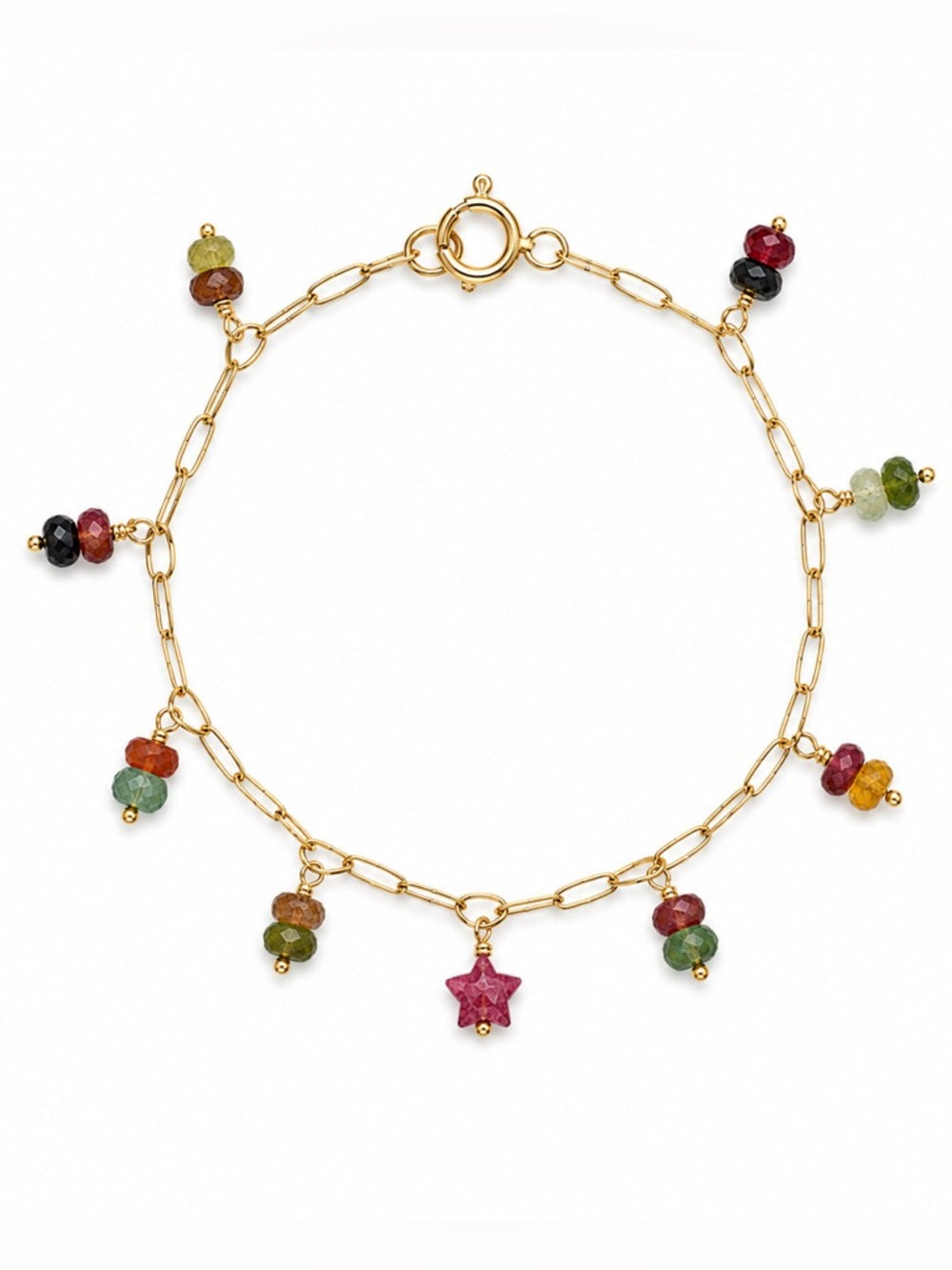 B044 Rainbow Tourmaline Paperclip Star Gold Bracelet