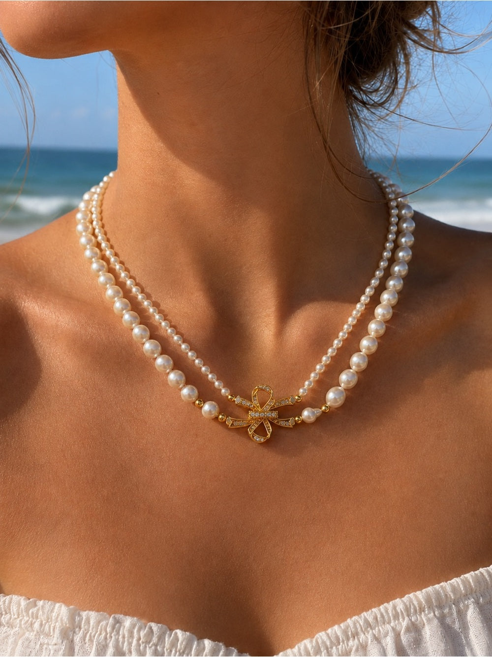 Gold Coastal Bow Pearl Double Necklace (N56)