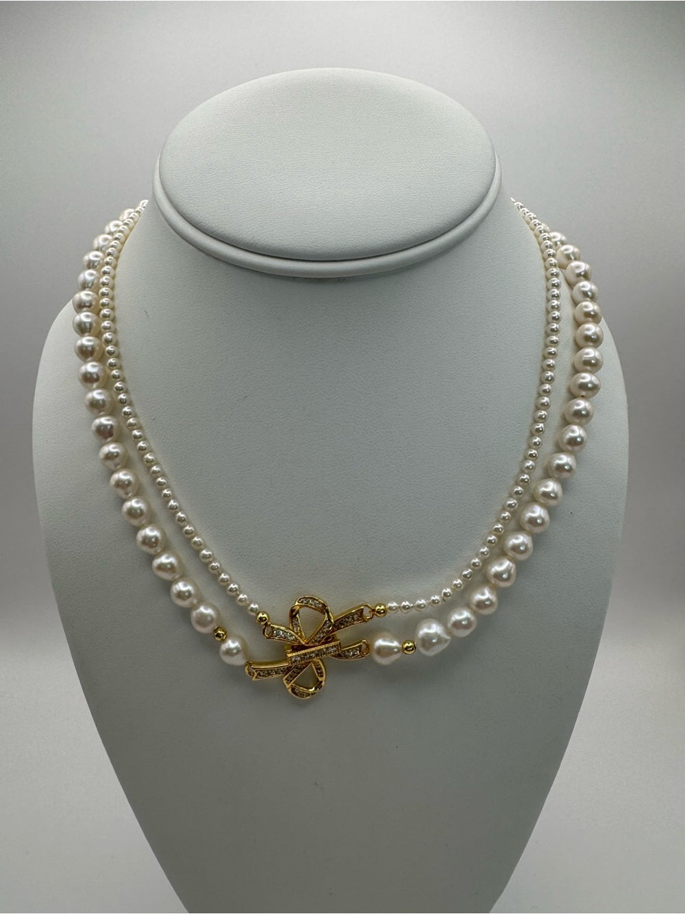 Gold Coastal Bow Pearl Double Necklace (N56)
