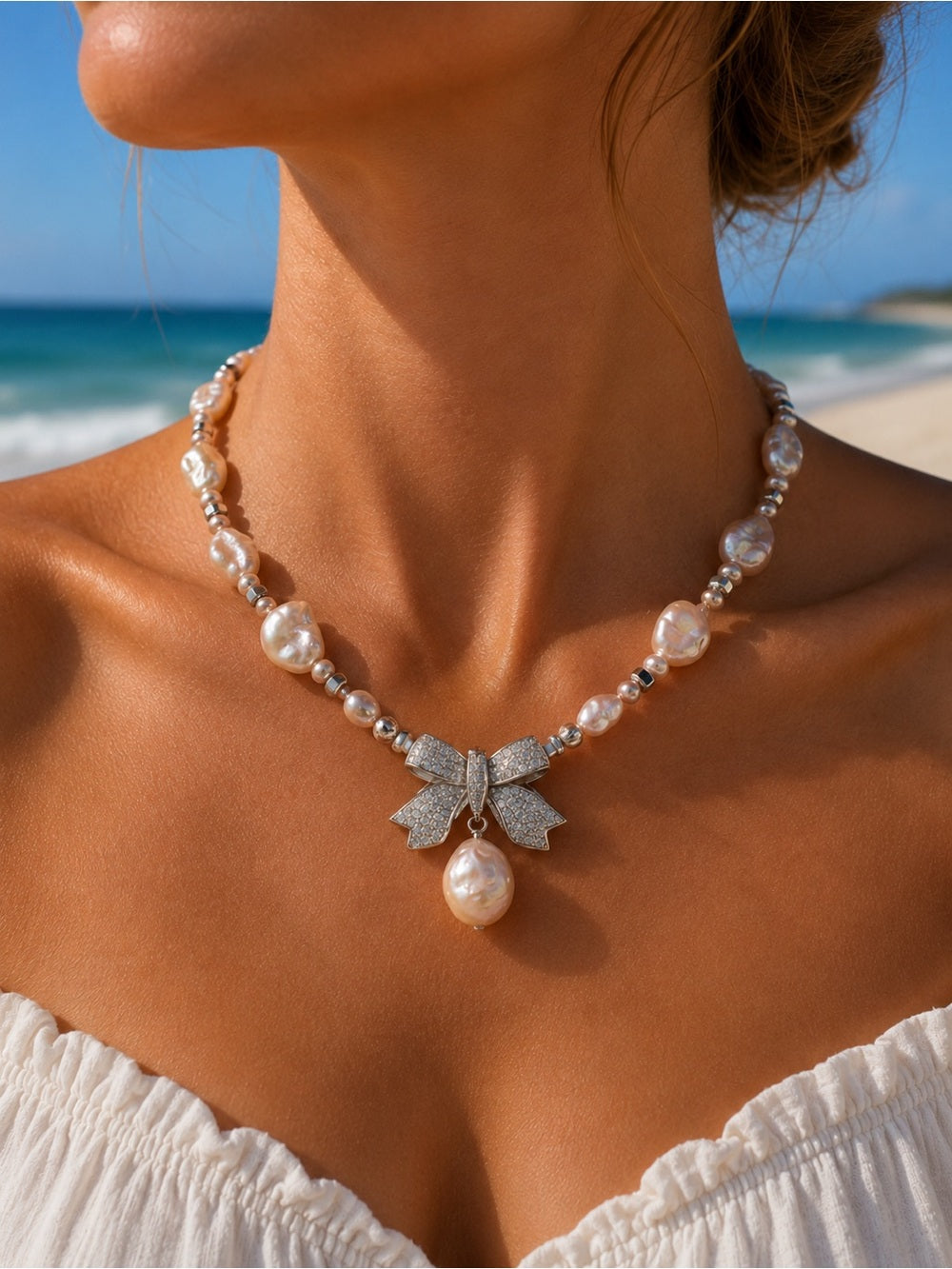 Seaside Bow Pearl Necklace (N60)
