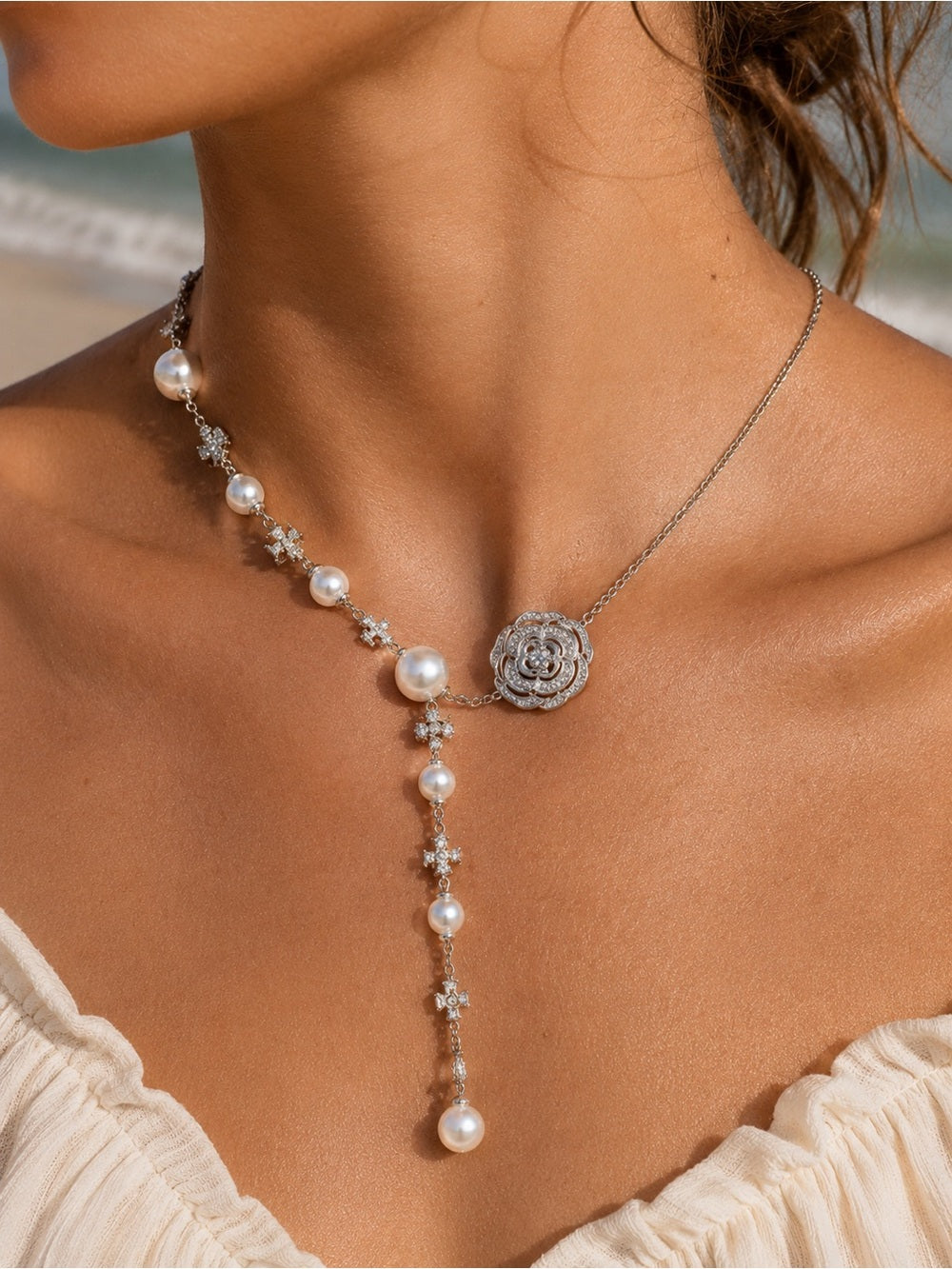 Silver Pearl Camilla Lariat Necklace (N53)