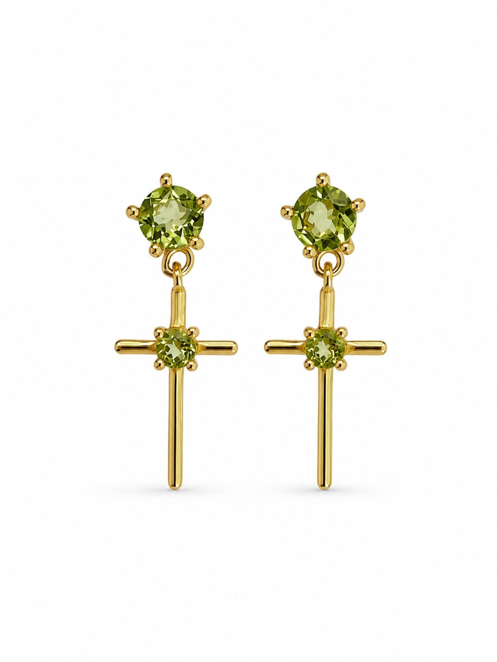 #E25 Peridot Gold Cross Dangle Earrings