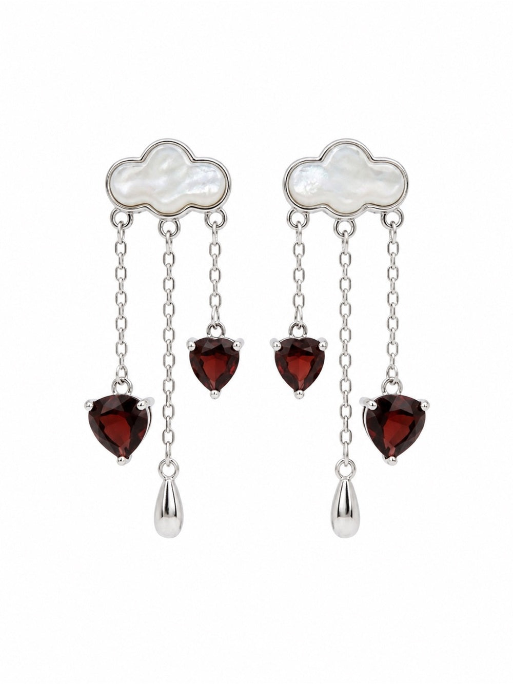 #E38 Raincloud Love Drop Earrings - Mother of Pearl & Garnet Hearts