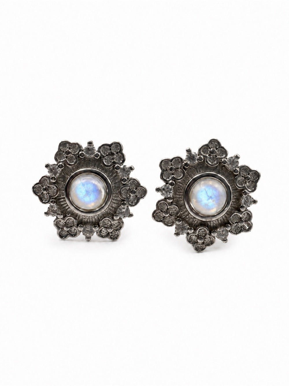 #E43 Madagascar Moonstone Hexagon Flower Stud Earrings