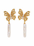 #E76 Ghost Butterfly Pearl Drop Studs in Gold