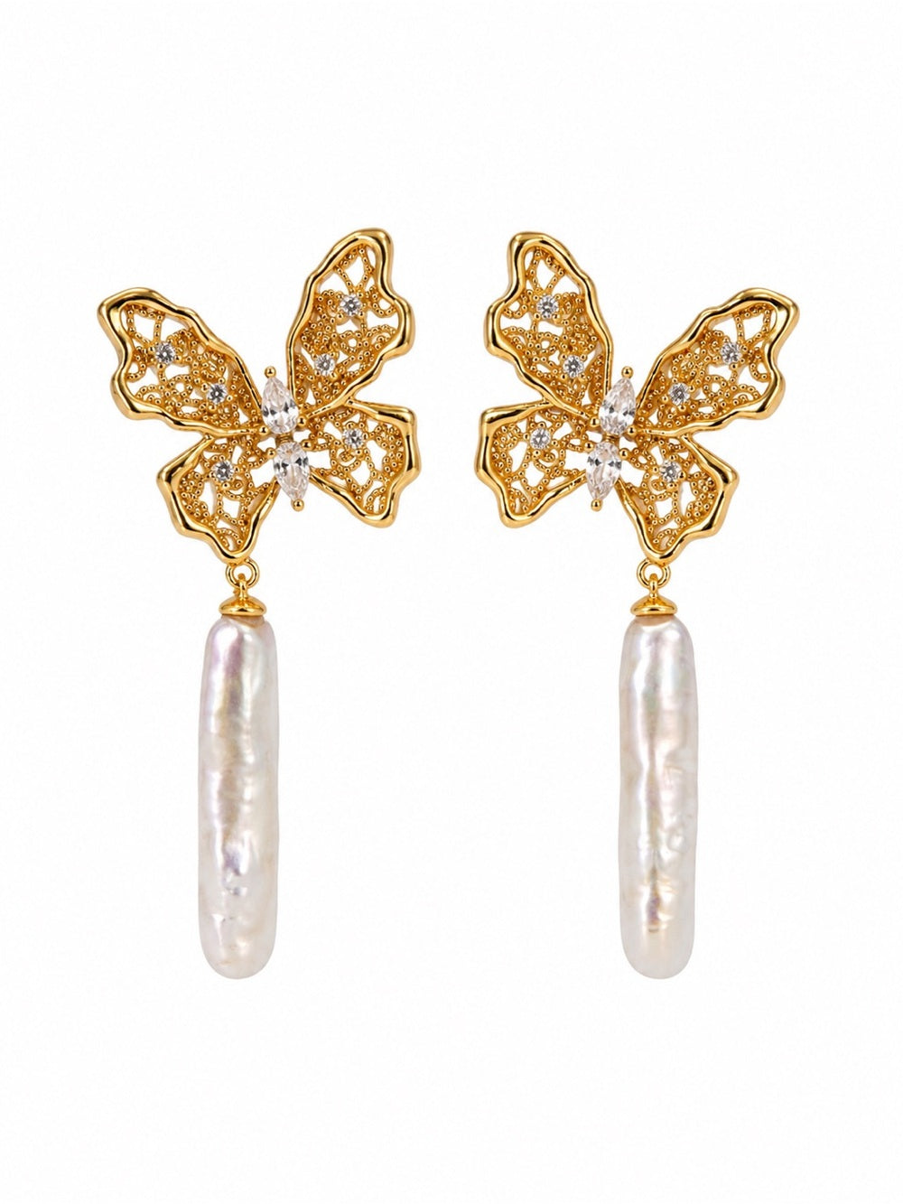 #E76 Ghost Butterfly Pearl Drop Studs in Gold