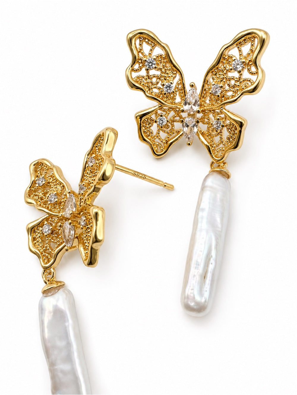 #E76 Ghost Butterfly Pearl Drop Studs in Gold
