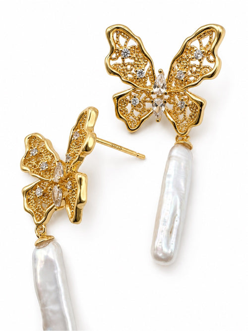 #E76 Ghost Butterfly Pearl Drop Studs in Gold