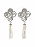 #E78 Lace Rosette Pearl Drop Earrings