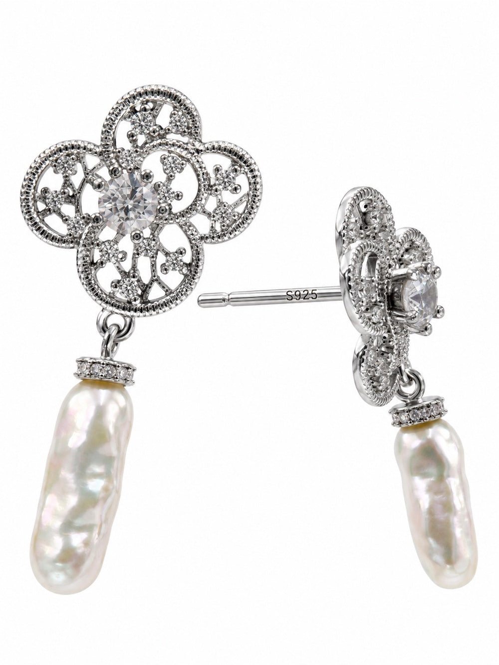 #E78 Lace Rosette Pearl Drop Earrings