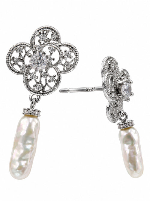 #E78 Lace Rosette Pearl Drop Earrings