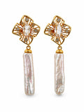 #E77 Golden Rosette Pearl Drop Earrings