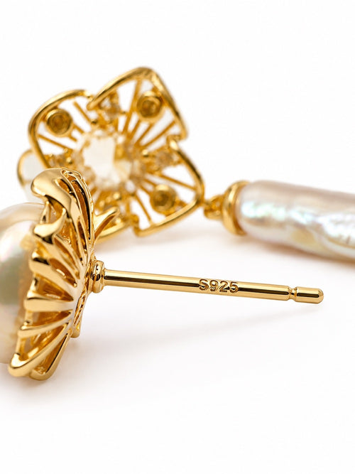 #E77 Golden Rosette Pearl Drop Earrings