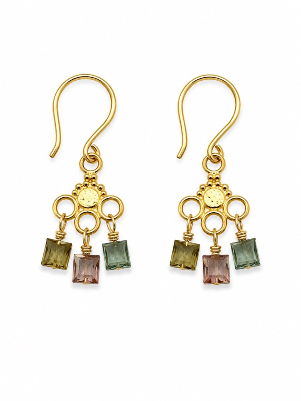 HK33 Rainbow Tourmaline Gold Chandelier Earrings