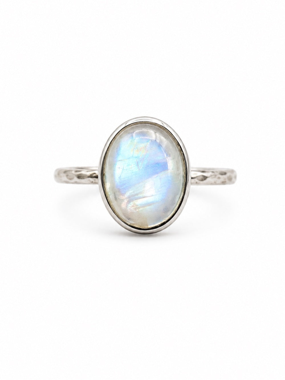 Moonstone Round Ring with Hammered Band (S925)
