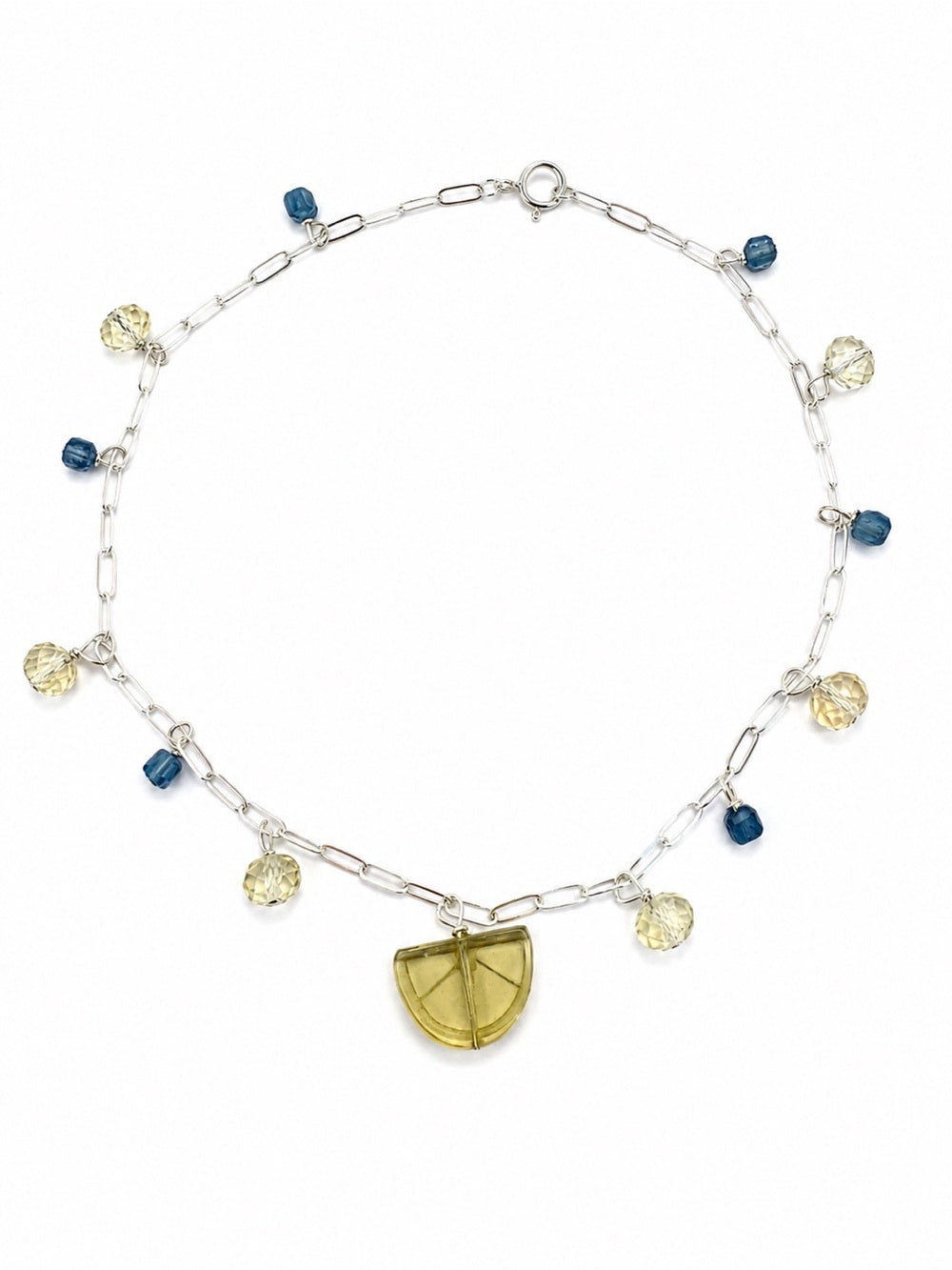 A007 Aquamarine and Lemon Quartz Lemon Slice Paperclip Anklet (S925)