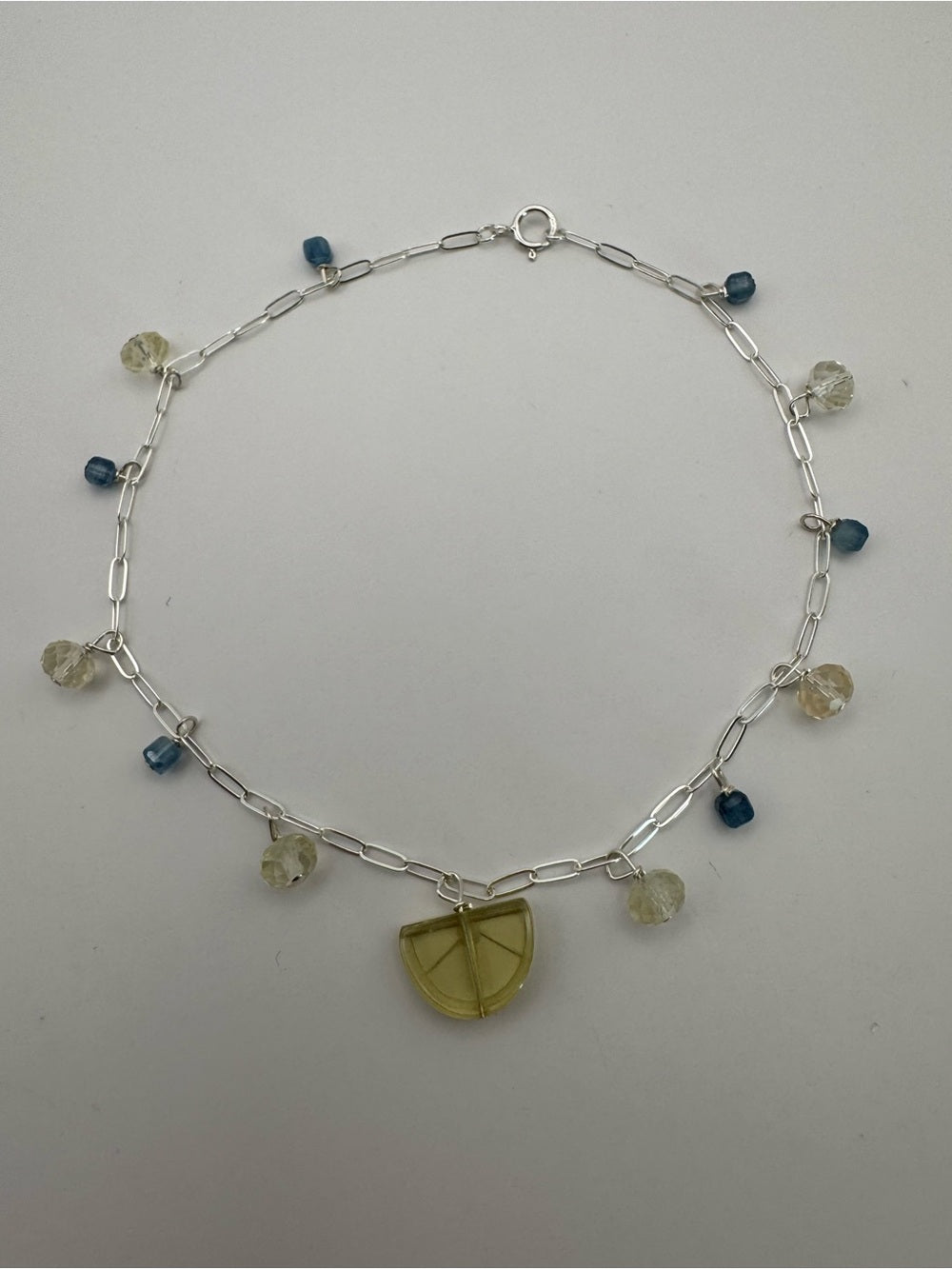 A007 Aquamarine and Lemon Quartz Lemon Slice Paperclip Anklet (S925)