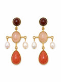 Pink Queen Conch, Brown Jade, Peach Agate, and Freshwater Pearl Dangle Earrings