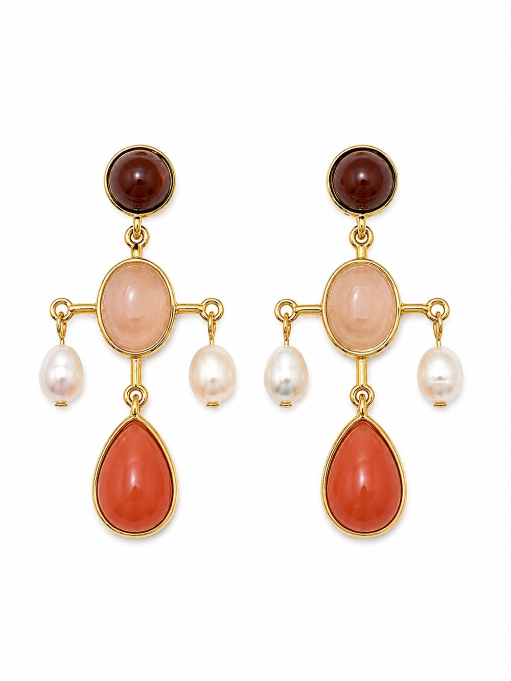 Pink Queen Conch, Brown Jade, Peach Agate, and Freshwater Pearl Dangle Earrings