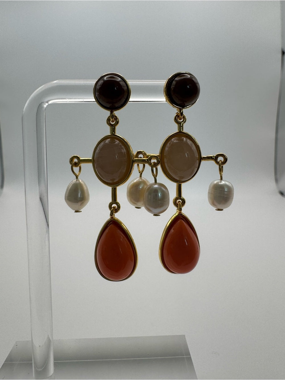 Pink Queen Conch, Brown Jade, Peach Agate, and Freshwater Pearl Dangle Earrings